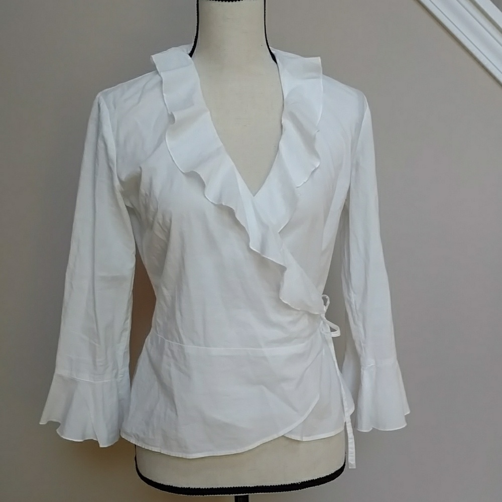New York & Company White Ruffle Wrap Top